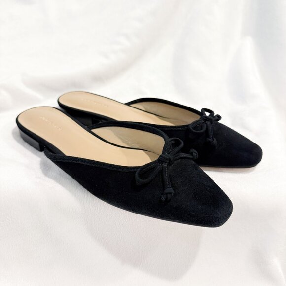 Ann Taylor Suede Leather Black Pointed Toe Flat Ballerina Mule Slides Bow 7 - Picture 2 of 10